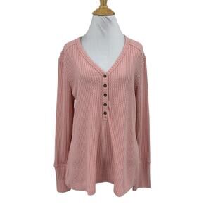 Caslon Shirt Womens L Large Pink Henley High Cuff Long Sleeve Waffle Knit V Neck